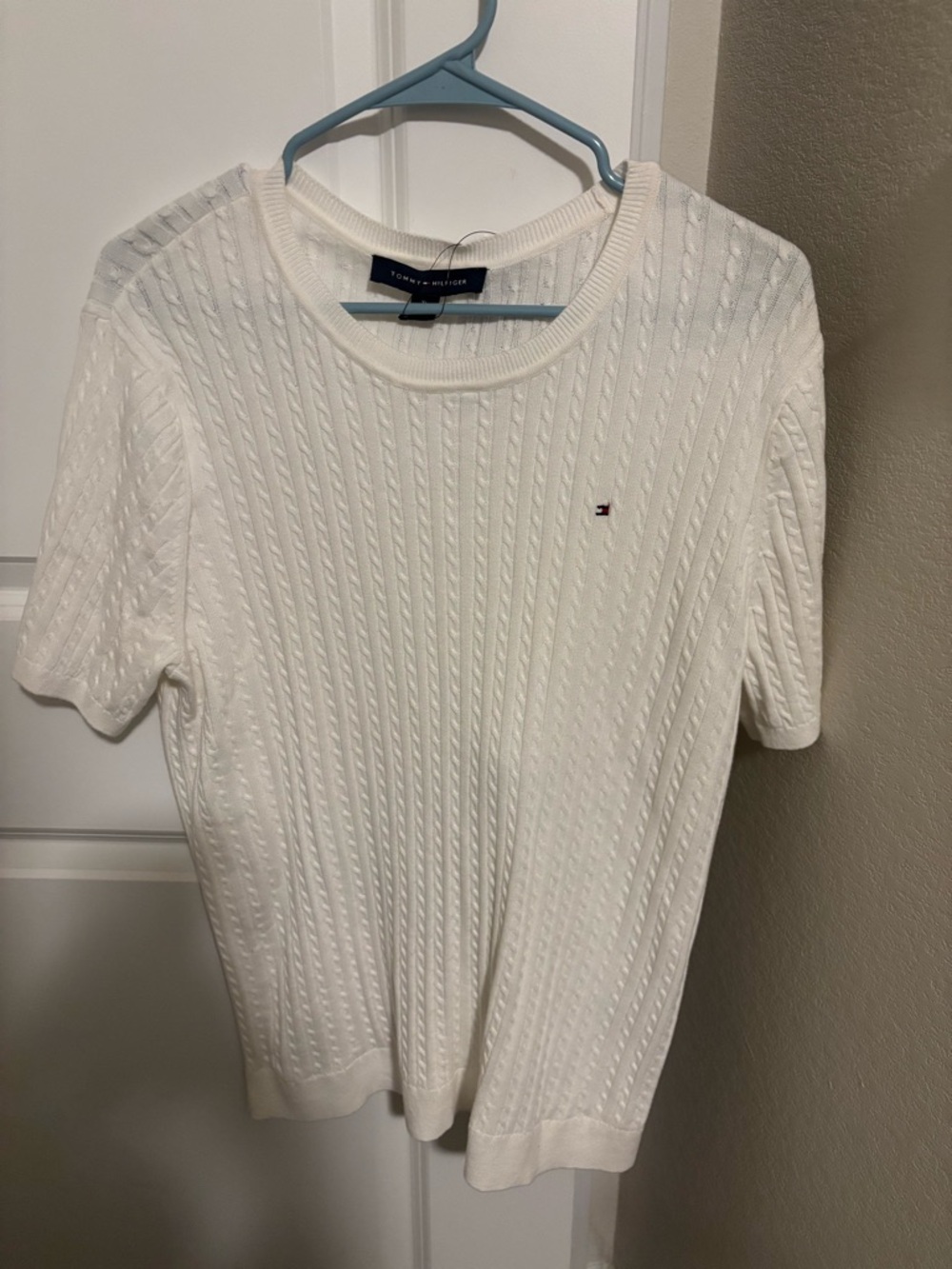 Tommy Hilfiger White Cable-Knit Short Sleeve Top with Flag Logo